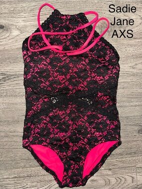 Brand Sadie Jane Girls' Black Lace One-Piece leotard with Hot Pink Lining